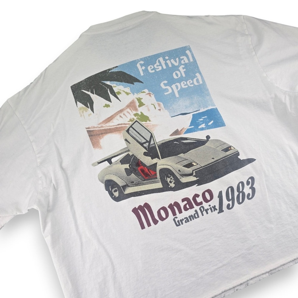 GOAT CREW Mens 3XL White Cotton Cropped Graphic T-Shirt Monaco Grand Prix 1983